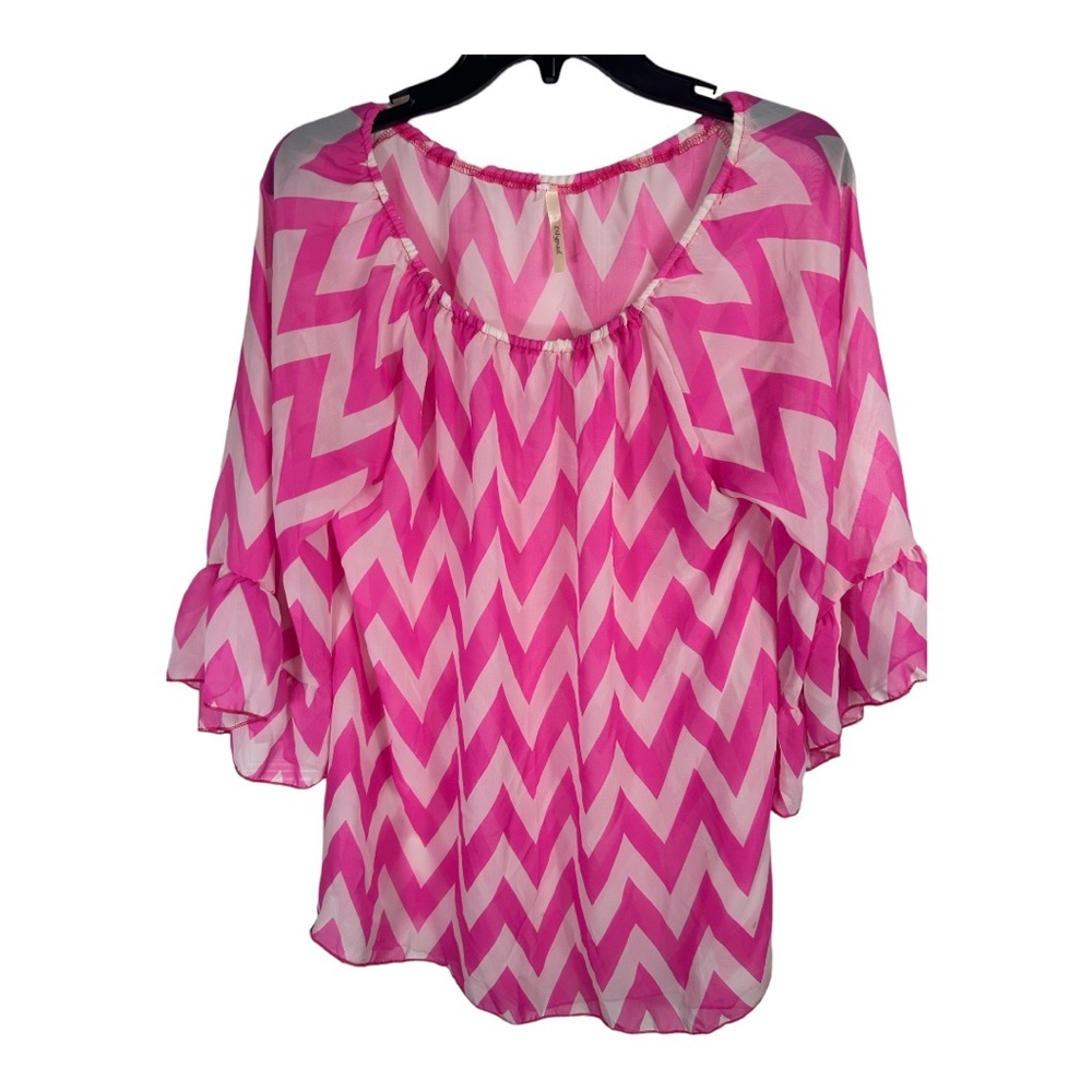 Pink White Chevron Sheer Tunic Blouse Size Large Top L426